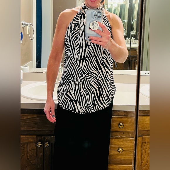 WHBM Zebra Chiffon Satin Pleated Mock Neck Layered Blouse - Picture 10 of 10